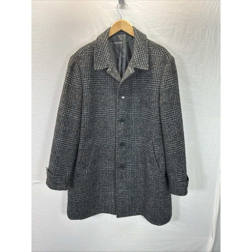 J.Crew Thompson Coat Mens 46 Black Wool Tweed Herringbone Lined Overcoat Classic